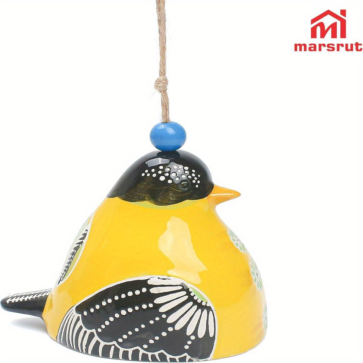 Ceramic Cardinal Bird Wind Chime with Soothing Melodies - Handmade Outdoor/Indoor Hanging Garden Decor, Rustic Yellow & Black Bird with Blue Beads & Leaf, Durable Ceramic, Musical Notes - Perfect for Porch, Backyard, Christma