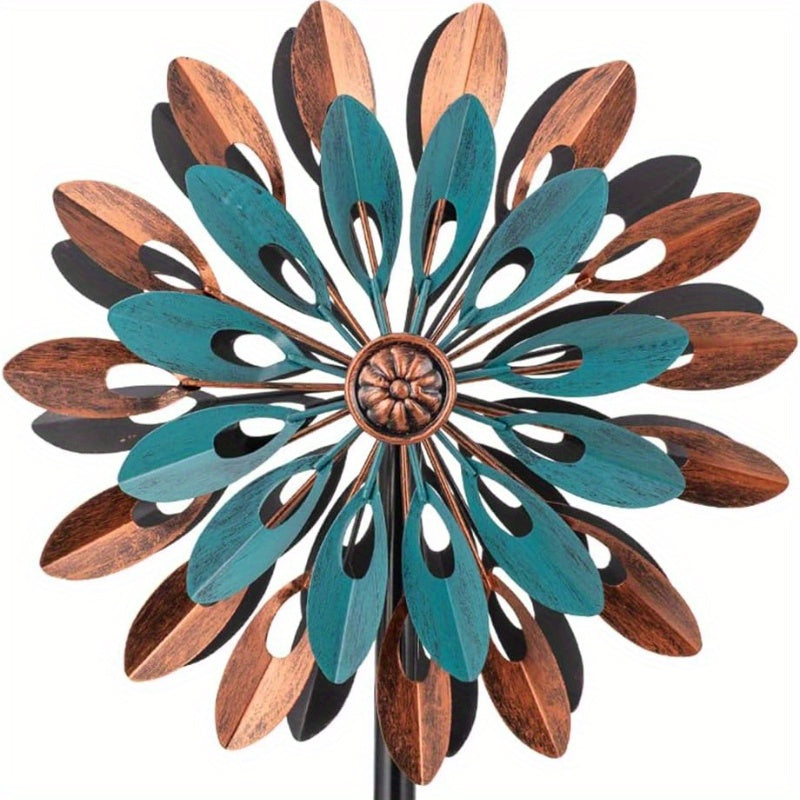 360° Rotating Outdoor Metal Wind Spinner - Kinetic Wind Sculpture with Blue & Bronze Floral Design, Durable Iron Garden Decor for Yard, Patio, Lawn - No Electricity Needed, Wind-Powered Motion, Weather-Resistant, Easy Instal