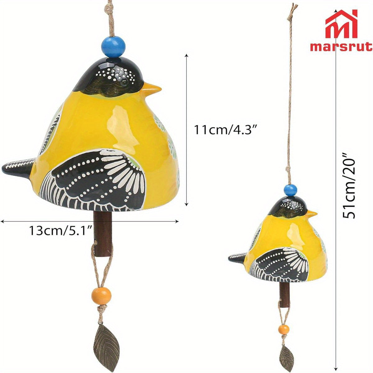 Ceramic Cardinal Bird Wind Chime with Soothing Melodies - Handmade Outdoor/Indoor Hanging Garden Decor, Rustic Yellow & Black Bird with Blue Beads & Leaf, Durable Ceramic, Musical Notes - Perfect for Porch, Backyard, Christma