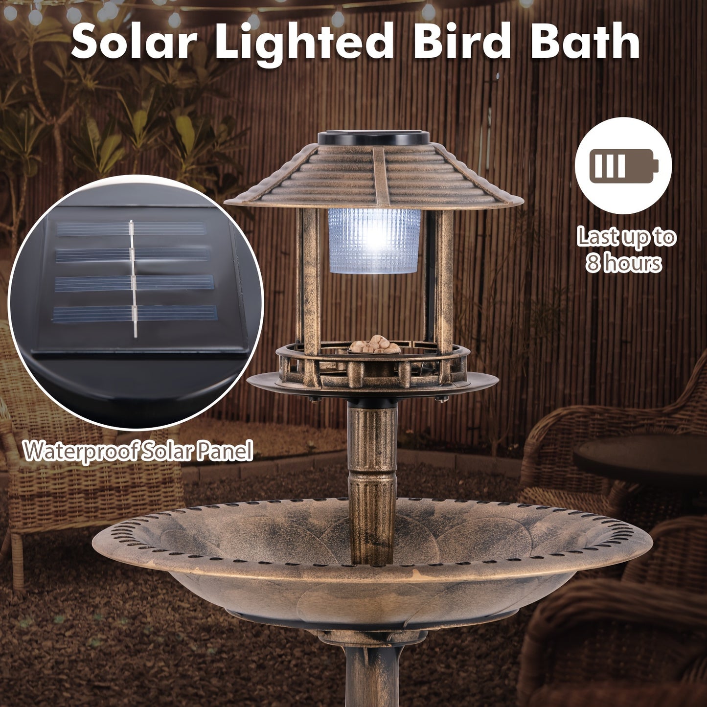 Costway Antique Bronze 3-in-1 Pedestal Bird Bath with Solar Light, Integrated Bird Feeder & Flower Planter, Sturdy PP Material, 20" W x 42" H, Includes Ground Stakes and Solar Panel
