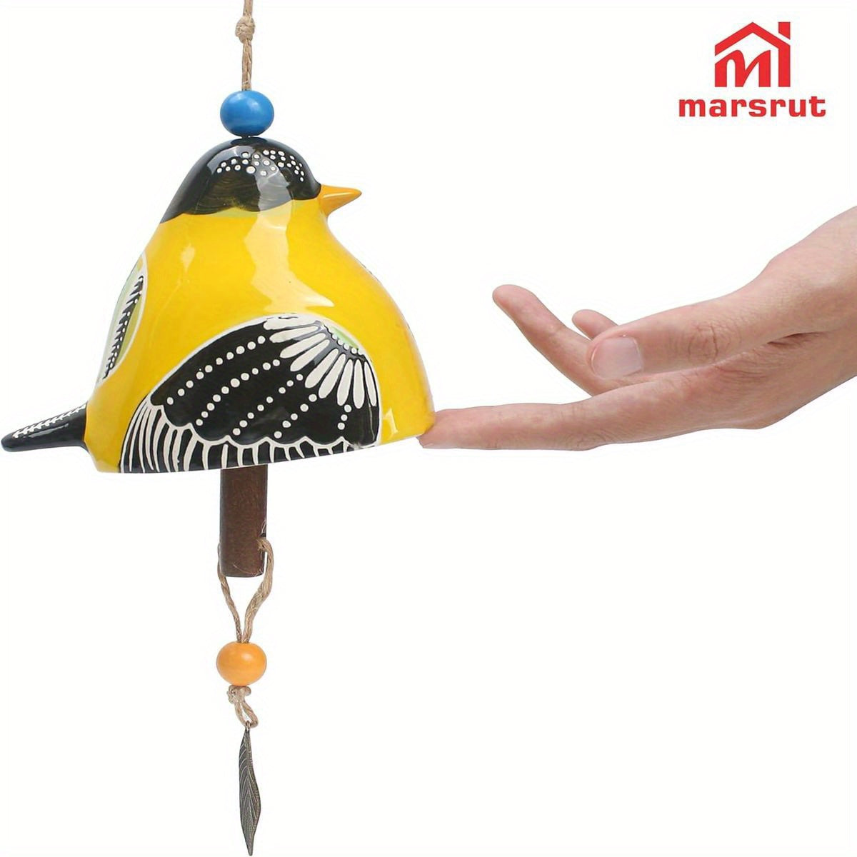 Ceramic Cardinal Bird Wind Chime with Soothing Melodies - Handmade Outdoor/Indoor Hanging Garden Decor, Rustic Yellow & Black Bird with Blue Beads & Leaf, Durable Ceramic, Musical Notes - Perfect for Porch, Backyard, Christma