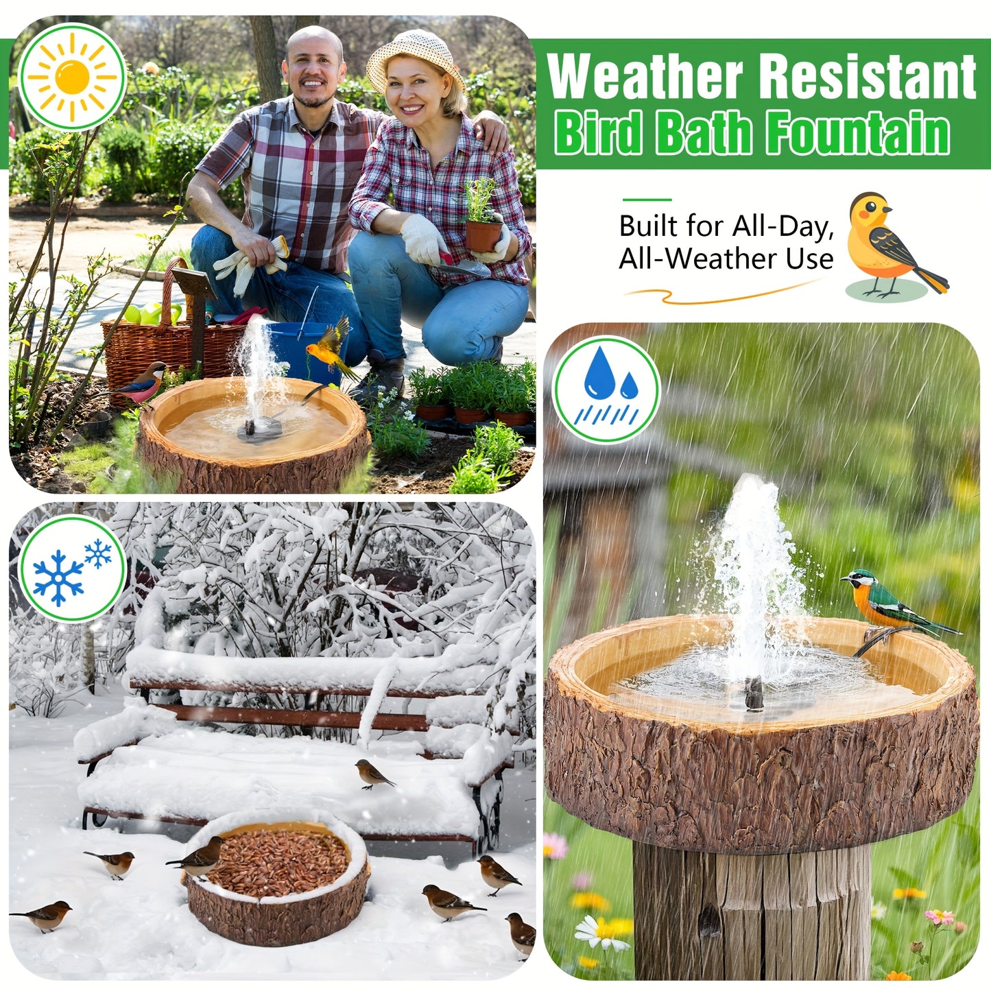 1 Outdoor Bird Bath Fountain with Adjustable 2 Nozzles, Easy Assembly Durable Garden Decor - Attracts Birds to Yard, Patio, Balcony, Lawn, Bird Baths for Outdoors, Patio Decoration, Trunklike Design, Natural Appearance, Reali