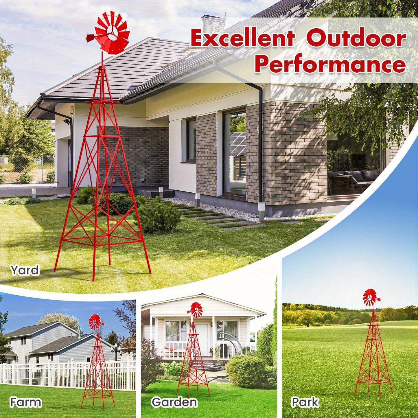 MAXMASS 8 ft Ornamental Windmill, All-Weather Metal Wind Mill w/ 4 Support Legs, Decorative Weathervane for Backyard, Garden, Farm, 4 Ground Stakes Included