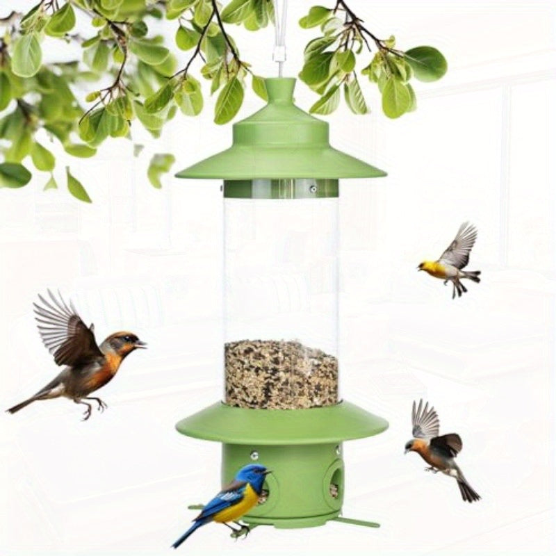 Weather-Resistant Light Green Squirrel Proof Bird Feeder for Outdoors, Hanging Metal Tube Feeders with 4.8lb Capacity and 4 Ports for Bluebird, Cardinal, Finch, and Jay, Bird Feeders Outdoors Squirrel Proof, Sloping Roof Desi