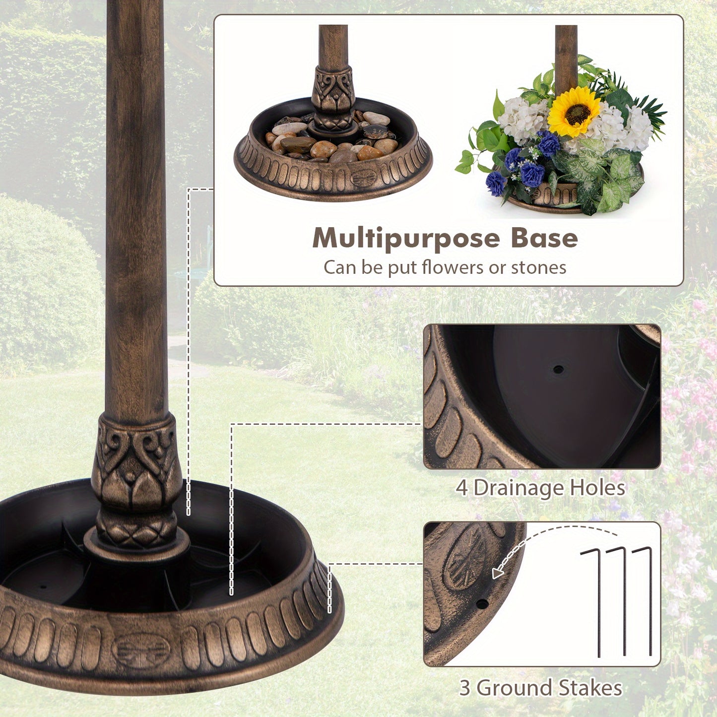LIFEZEAL 3-In-1 Pedestal Bird Bath with Solar Light with Bird Feeder & Flower Planter, Patio Decoration, Wildlife Habitat, Stylish Garden Ornament, Elegant Garden Feature, Solarpowered Design, Highquality Finish, Multifunctio
