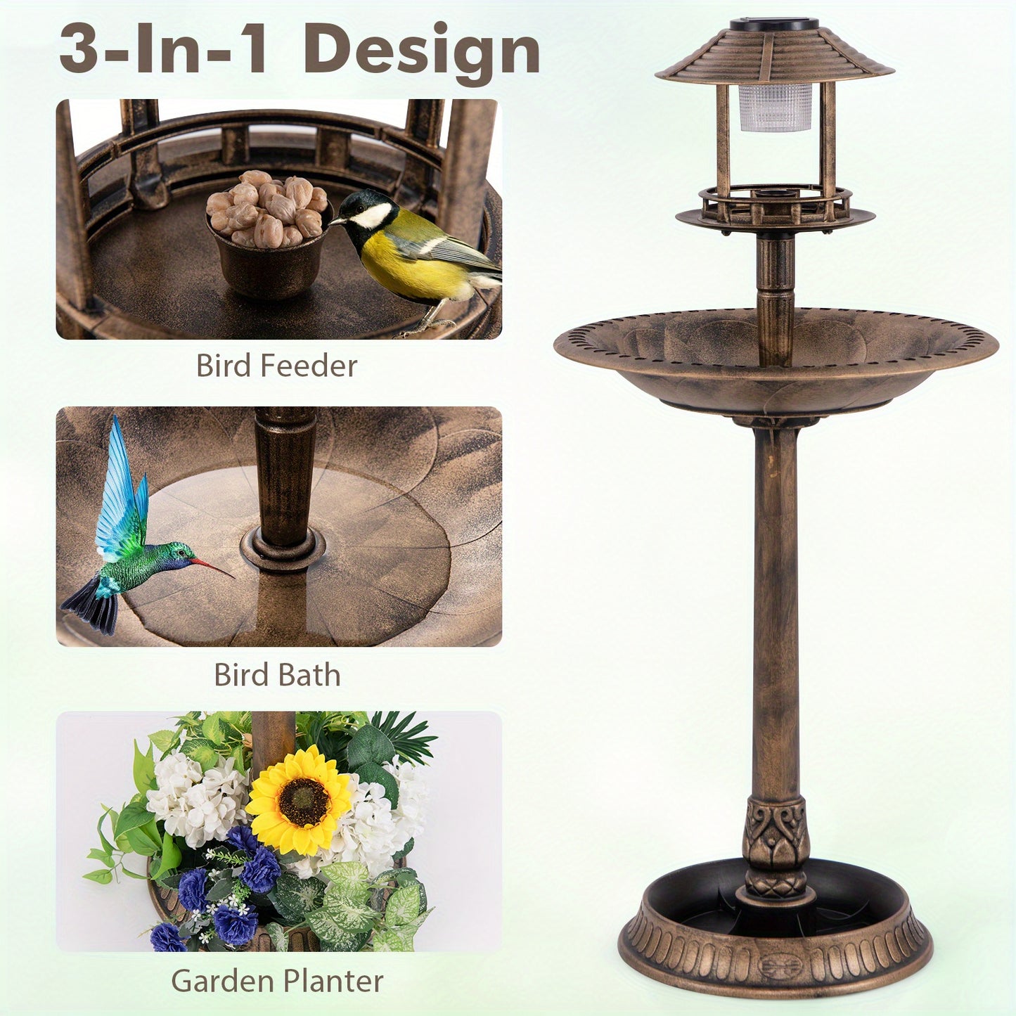 LIFEZEAL 3-In-1 Pedestal Bird Bath with Solar Light with Bird Feeder & Flower Planter, Patio Decoration, Wildlife Habitat, Stylish Garden Ornament, Elegant Garden Feature, Solarpowered Design, Highquality Finish, Multifunctio