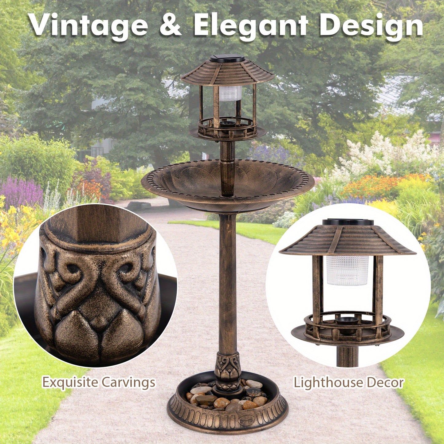 LIFEZEAL 3-In-1 Pedestal Bird Bath with Solar Light with Bird Feeder & Flower Planter, Patio Decoration, Wildlife Habitat, Stylish Garden Ornament, Elegant Garden Feature, Solarpowered Design, Highquality Finish, Multifunctio