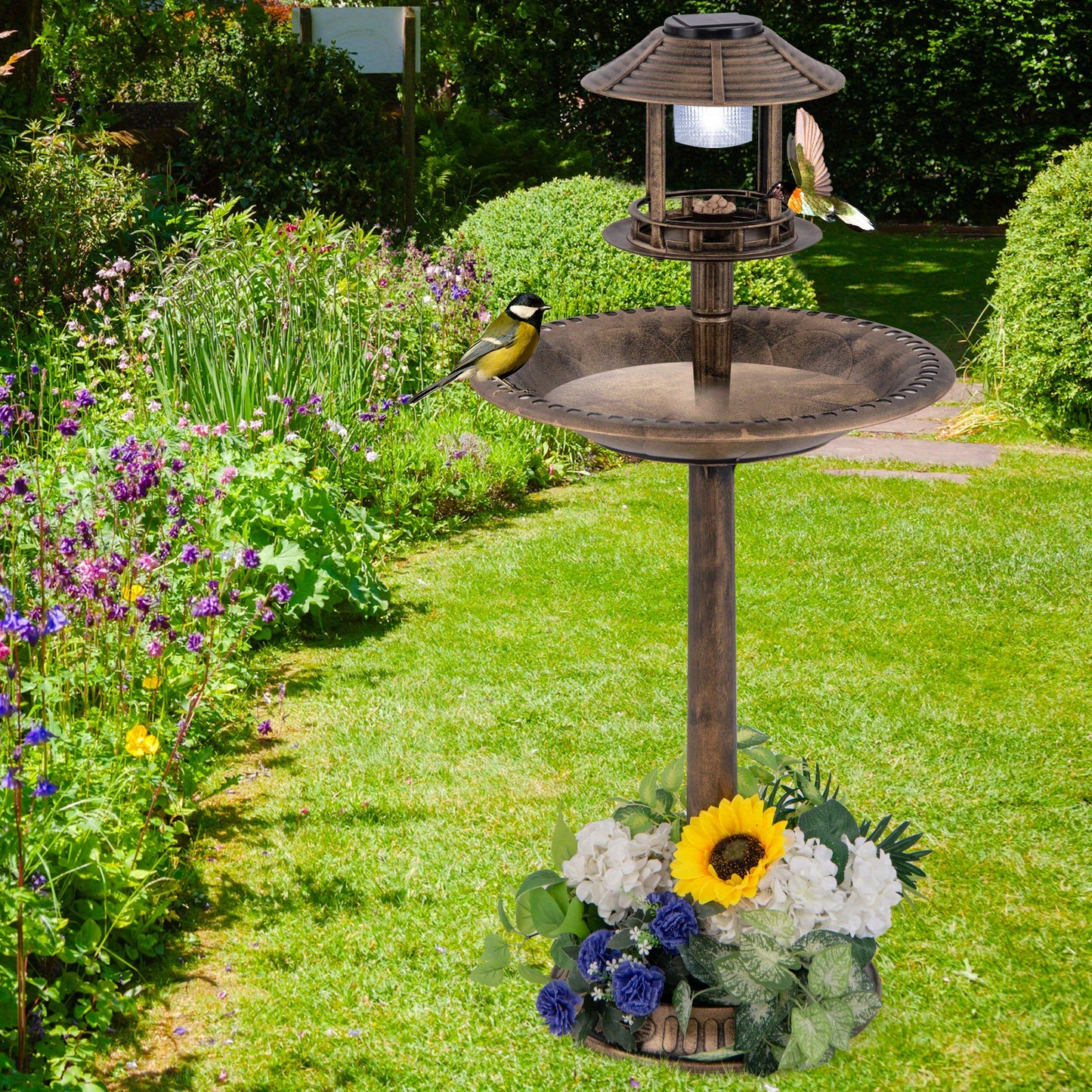 LIFEZEAL 3-In-1 Pedestal Bird Bath with Solar Light with Bird Feeder & Flower Planter, Patio Decoration, Wildlife Habitat, Stylish Garden Ornament, Elegant Garden Feature, Solarpowered Design, Highquality Finish, Multifunctio