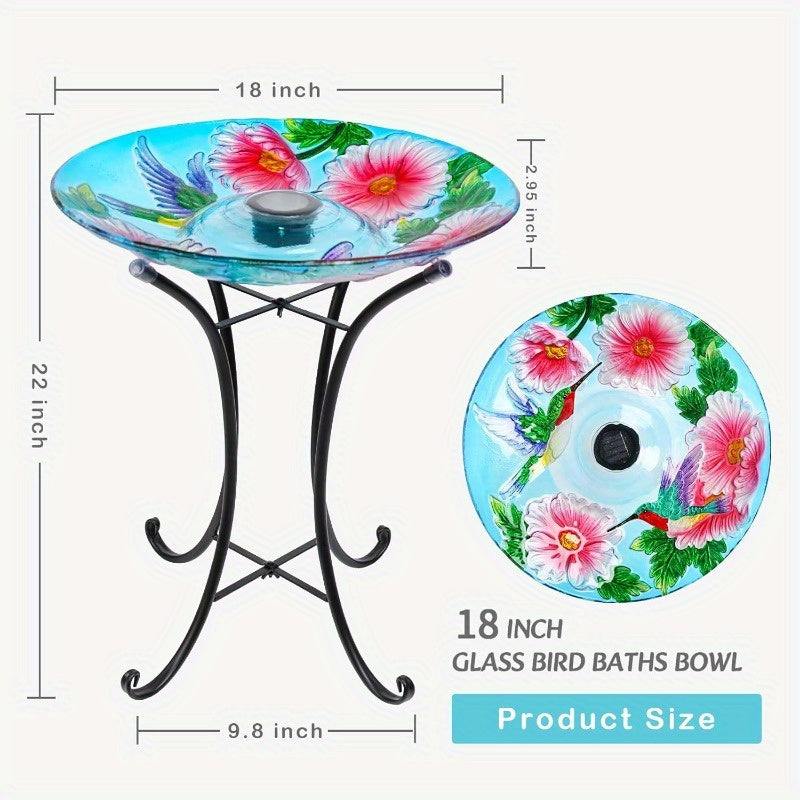 VCUTEKA Solar Birdbath Glass Bird Bath Outdoor with Metal Stand for Lawn Yard Garden Decor Hummingbird