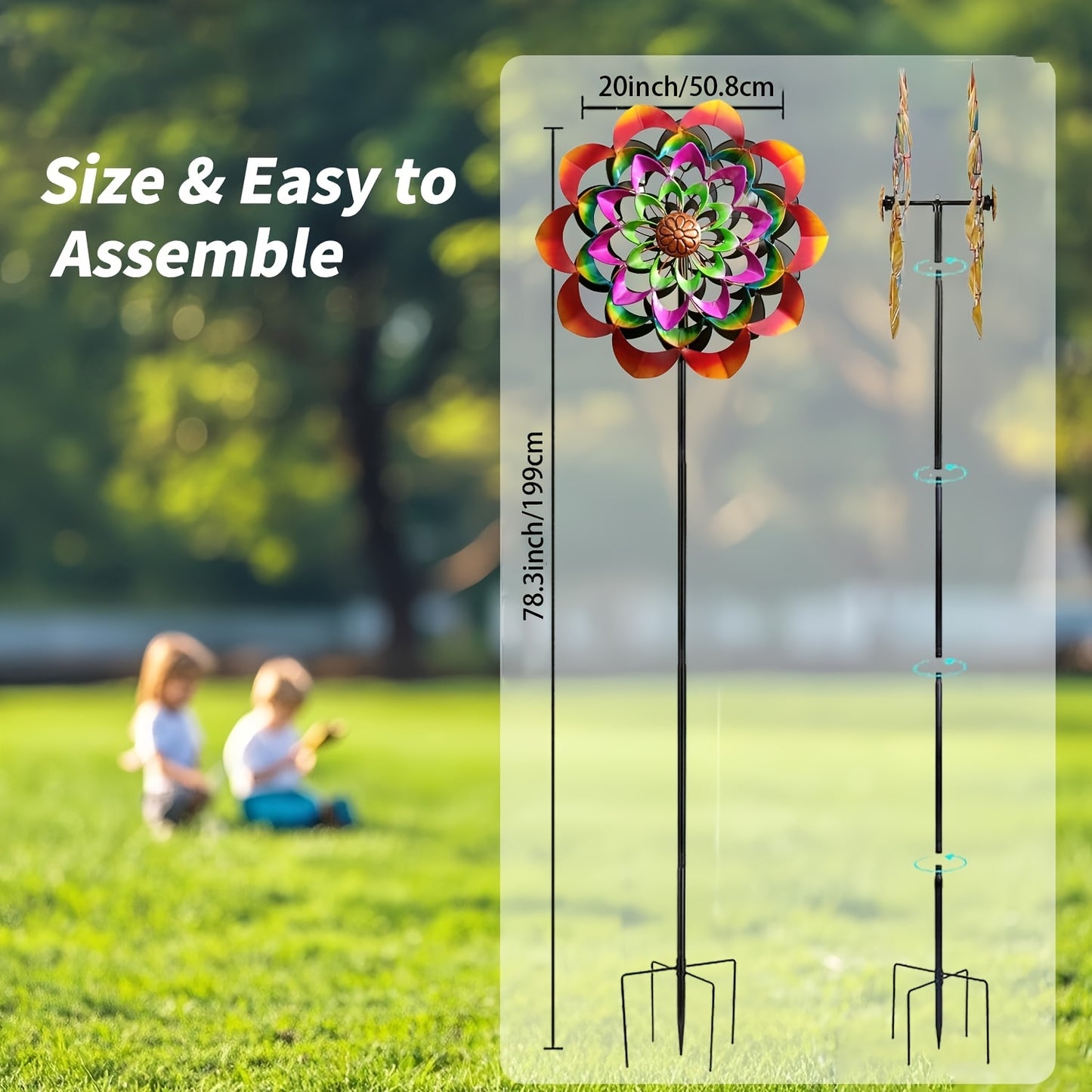 1pc Large Metal Wind Spinner - Floral Garden Decor with Vibrant Pink, Orange, Yellow, Green, Purple, Brown - Wind-Powered Spinner for Outdoor, Patio, Wedding, Party - No Electricity/Battery Needed - Durable Metal Construction