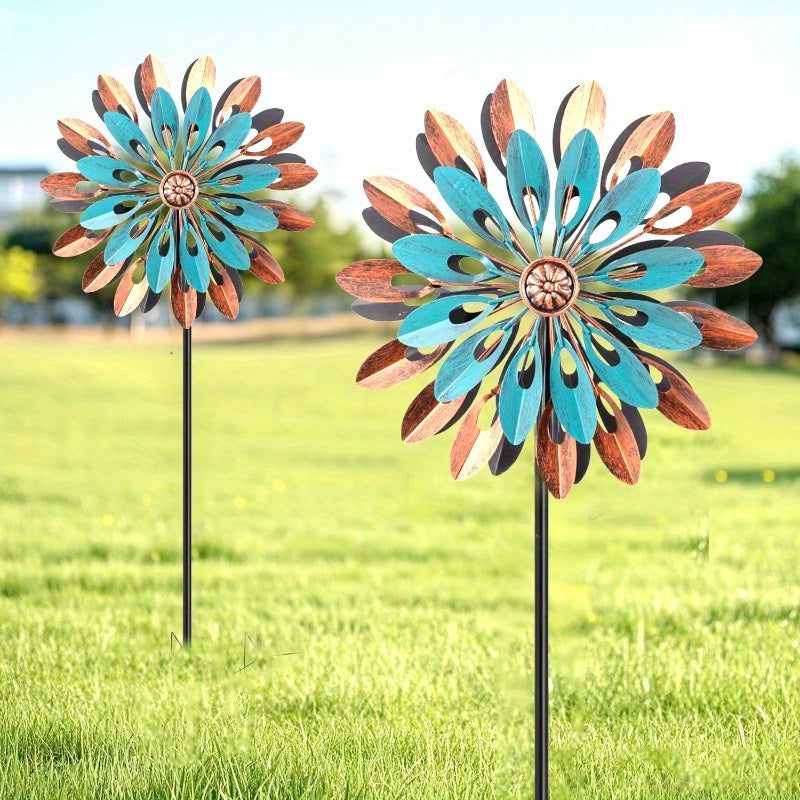 360° Rotating Outdoor Metal Wind Spinner - Kinetic Wind Sculpture with Blue & Bronze Floral Design, Durable Iron Garden Decor for Yard, Patio, Lawn - No Electricity Needed, Wind-Powered Motion, Weather-Resistant, Easy Instal