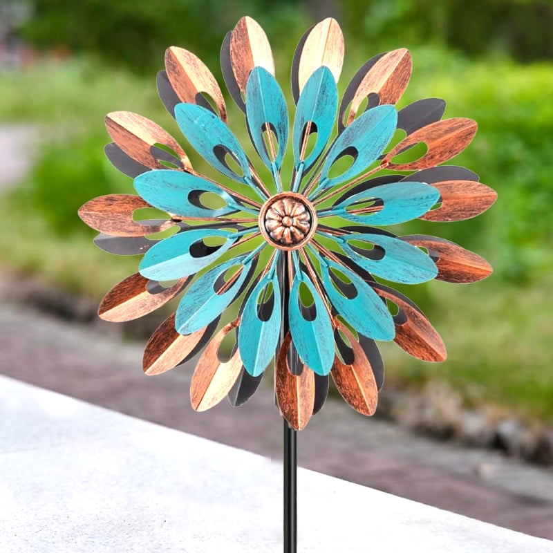 360° Rotating Outdoor Metal Wind Spinner - Kinetic Wind Sculpture with Blue & Bronze Floral Design, Durable Iron Garden Decor for Yard, Patio, Lawn - No Electricity Needed, Wind-Powered Motion, Weather-Resistant, Easy Instal