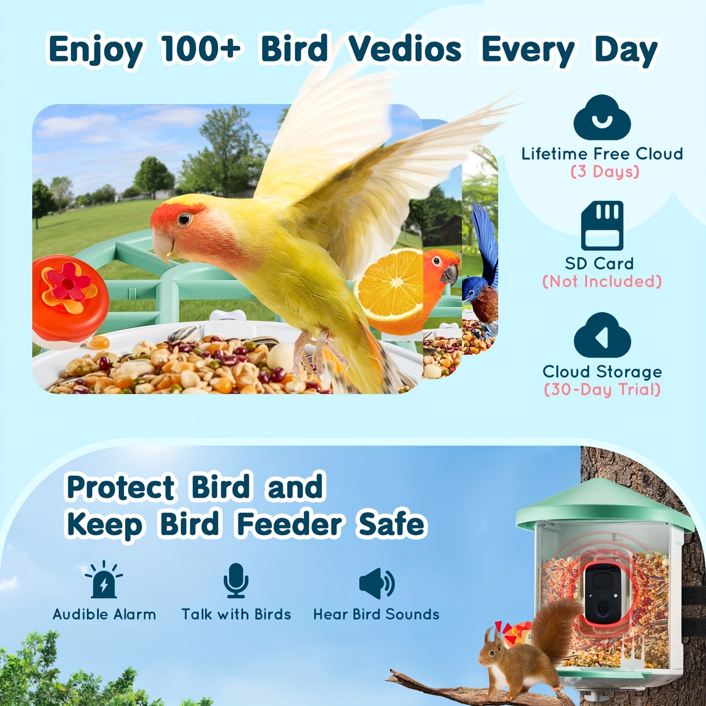 Happybuy Smart Bird Feeder with HD Camera - 10, 000+ Bird IDs, Solar-Powered, Auto Capture & Notify, Includes Fruit & Seed Feeders, Green/Blue Roof, Ideal for Outdoor Birding & Gifts for Bird Lovers, Happybuy