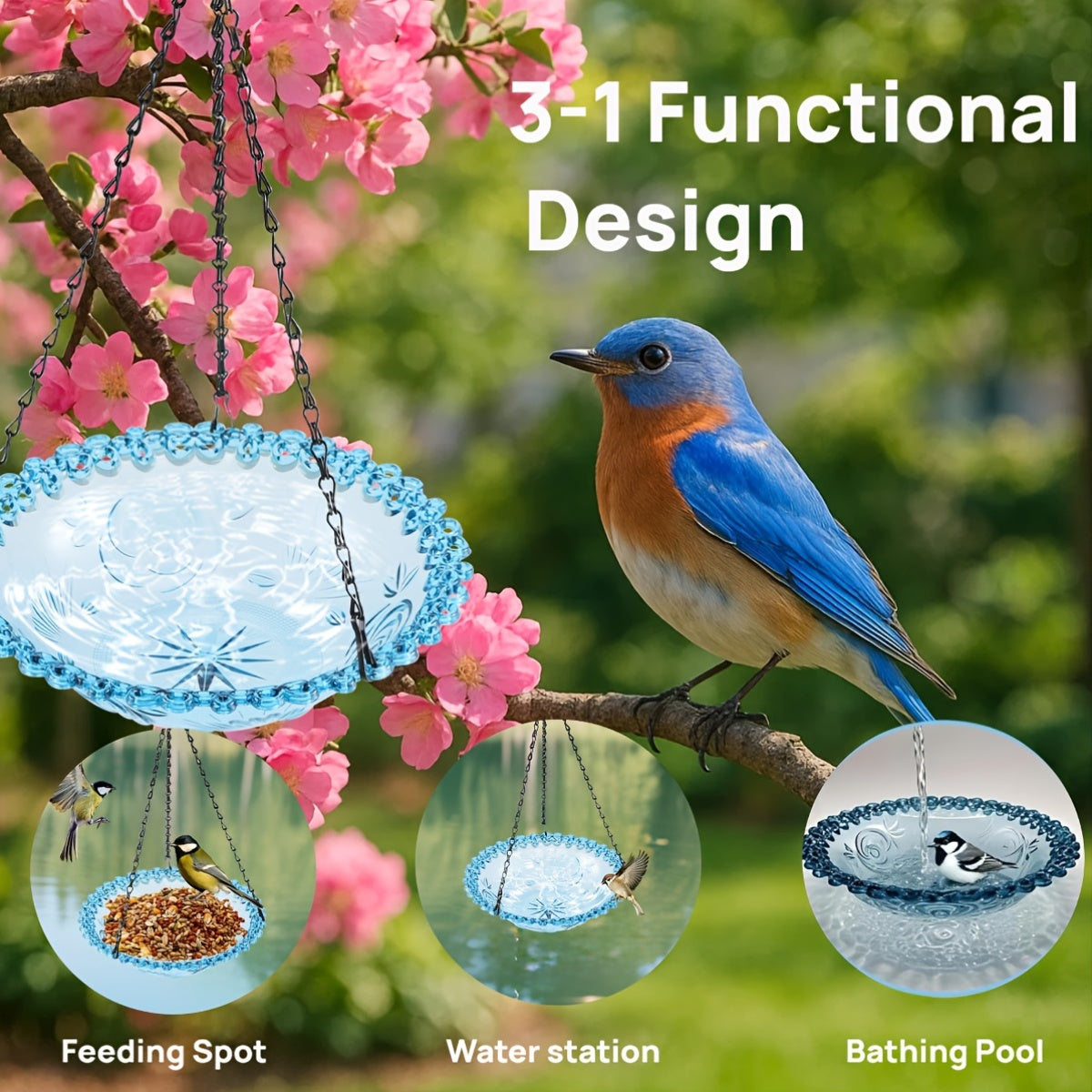 2pcs Blue Plastic Hanging Bird Baths & Feeders - Durable Weather-Resistant Garden, Patio & Backyard Wildlife Decor with Easy-Hang Chains, Attracts Birds & Butterflies, Bird Bath for Outside, Patio Decoration, Decorative Bird