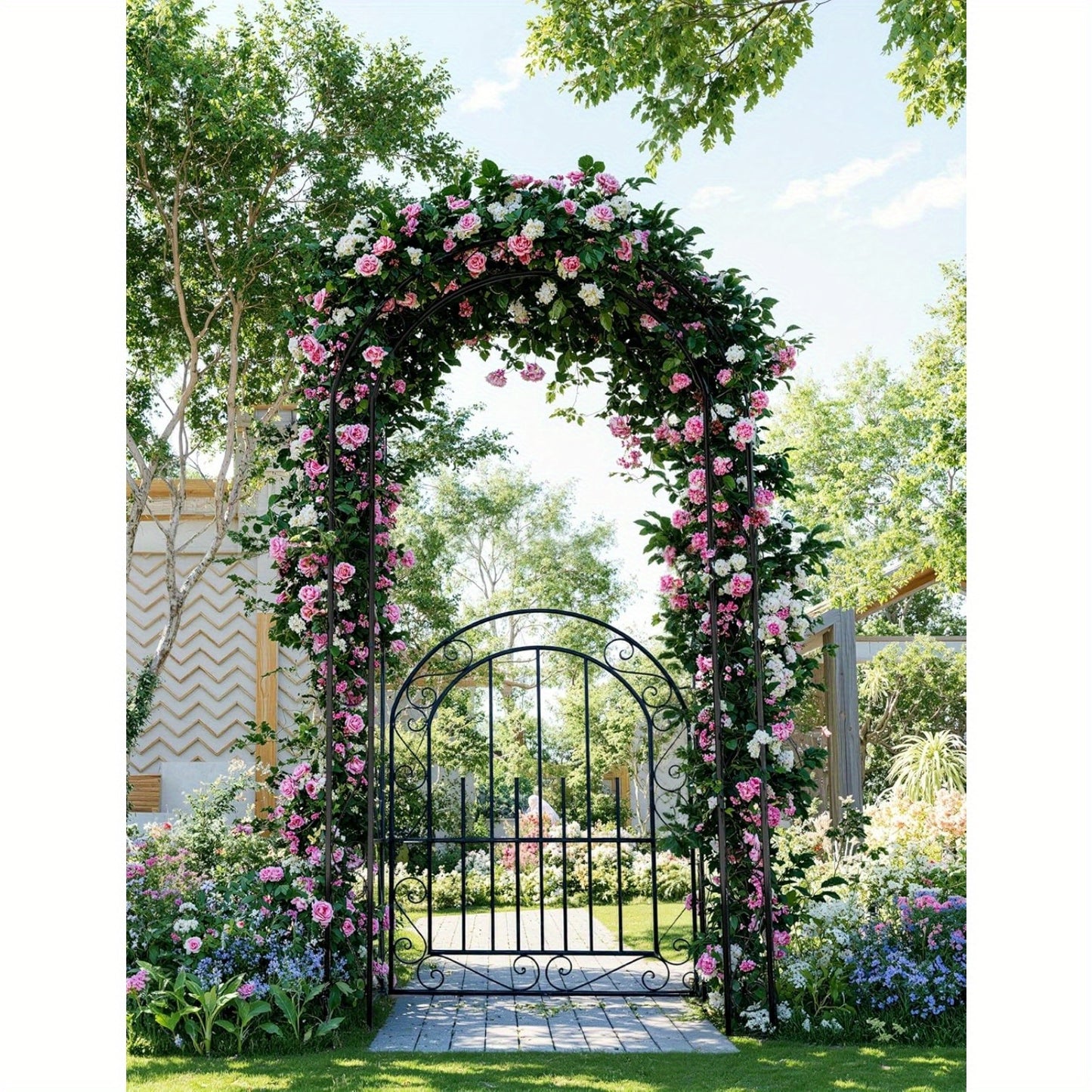 7ft Elegant Garden Arch Trellis with Gate - Romantic Irons Wedding Arbor for Climbing Roses & Flowers, Decorative Metal Archway for Backyard, Patio or Lawn, Classic Black, Durable Metal Construction, Easy Assembly, No Tools N