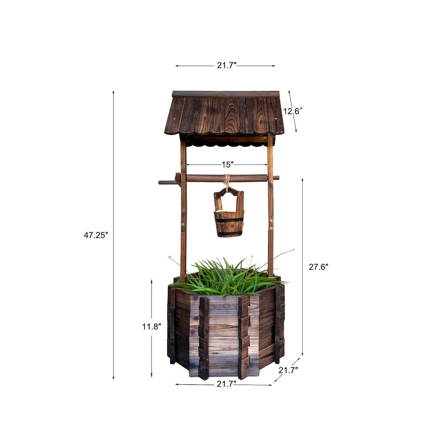Rustic Wooden Wishing Well Planter - Outdoor Garden Decor with Hanging Bucket, Weather-Resistant Wooden Planter for Patio, Yard, Backyard - Geometric Design, Rectangular Shape, Perfect for Flowers, Herbs, and Succulents, Gard