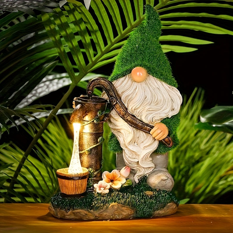 Solar-Powered LED Gnome Fountain Statue with Water Flow & Solar - 12" Resin Birdbath Garden Decor, Outdoor Water Feature with On/Off Button, Solar-Powered for Patio, Yard, Pond, Christmas Decoration (Green Gnome & Flower