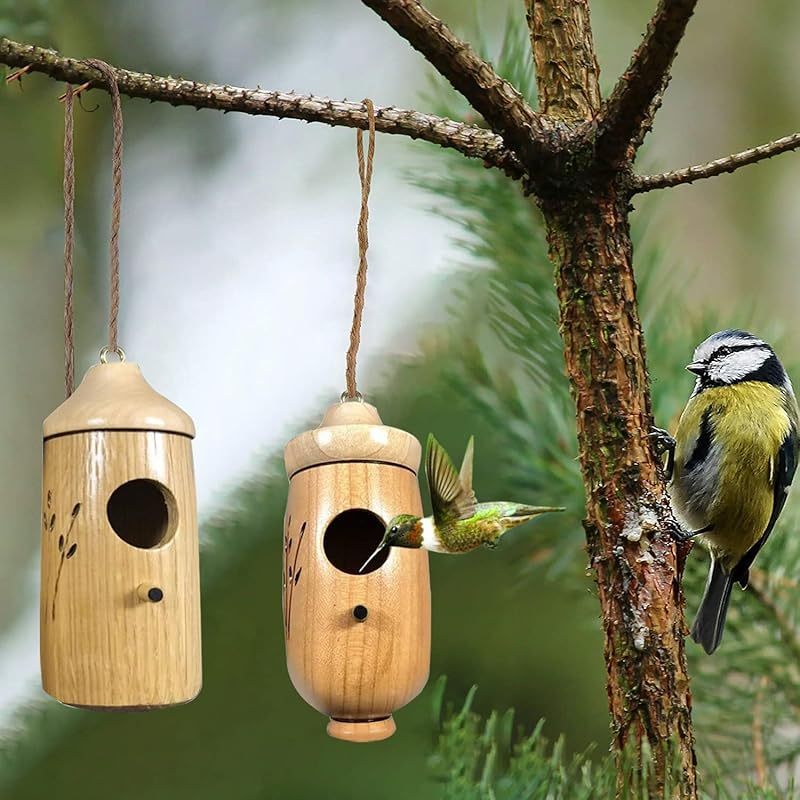 1pc Hummingbird House - Rustic Recycled Wood Bird Feeder & Nesting Shelter for Hummingbirds, Wrens, Swallows, Sparrows - Garden Decor with Easy-Hang Metal Ring, No Electricity Needed, Hummingbird Decor, Natural Wood Construct