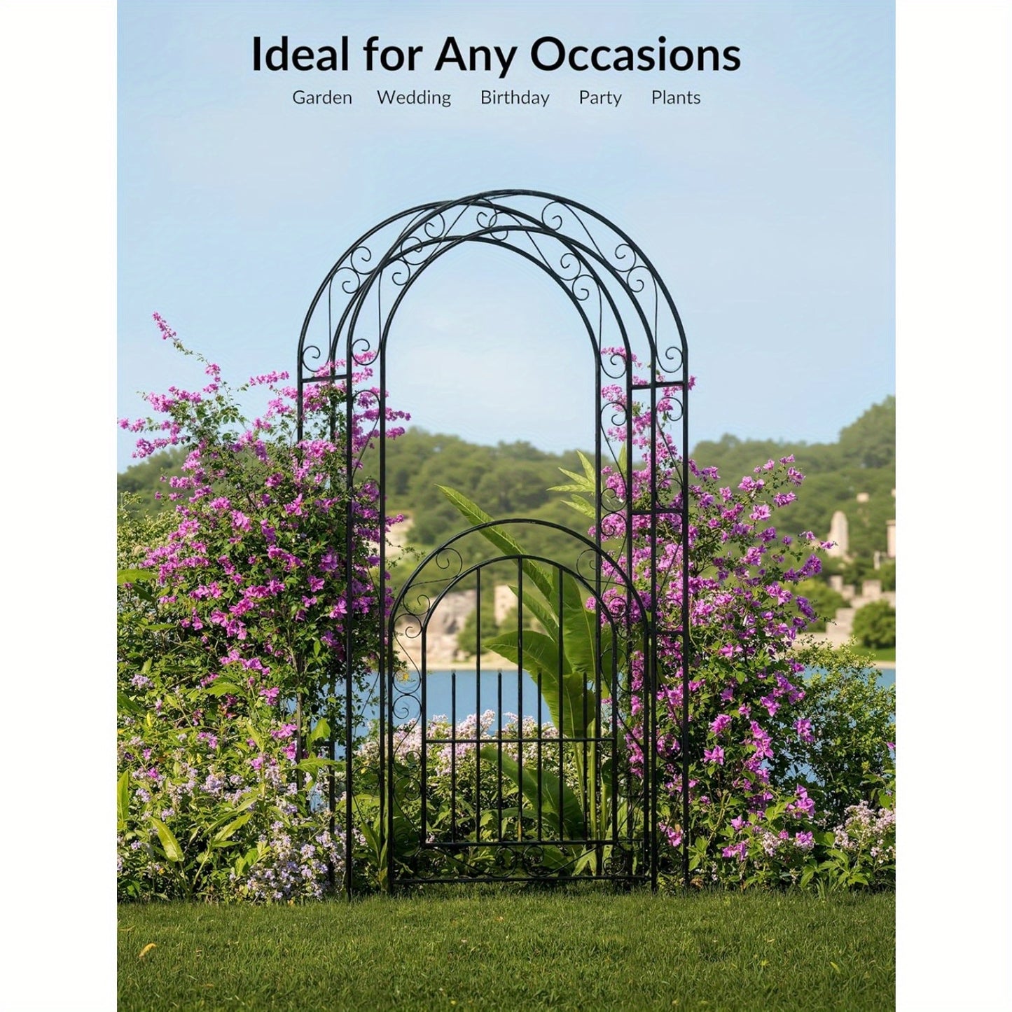 7ft Elegant Garden Arch Trellis with Gate - Romantic Irons Wedding Arbor for Climbing Roses & Flowers, Decorative Metal Archway for Backyard, Patio or Lawn, Classic Black, Durable Metal Construction, Easy Assembly, No Tools N