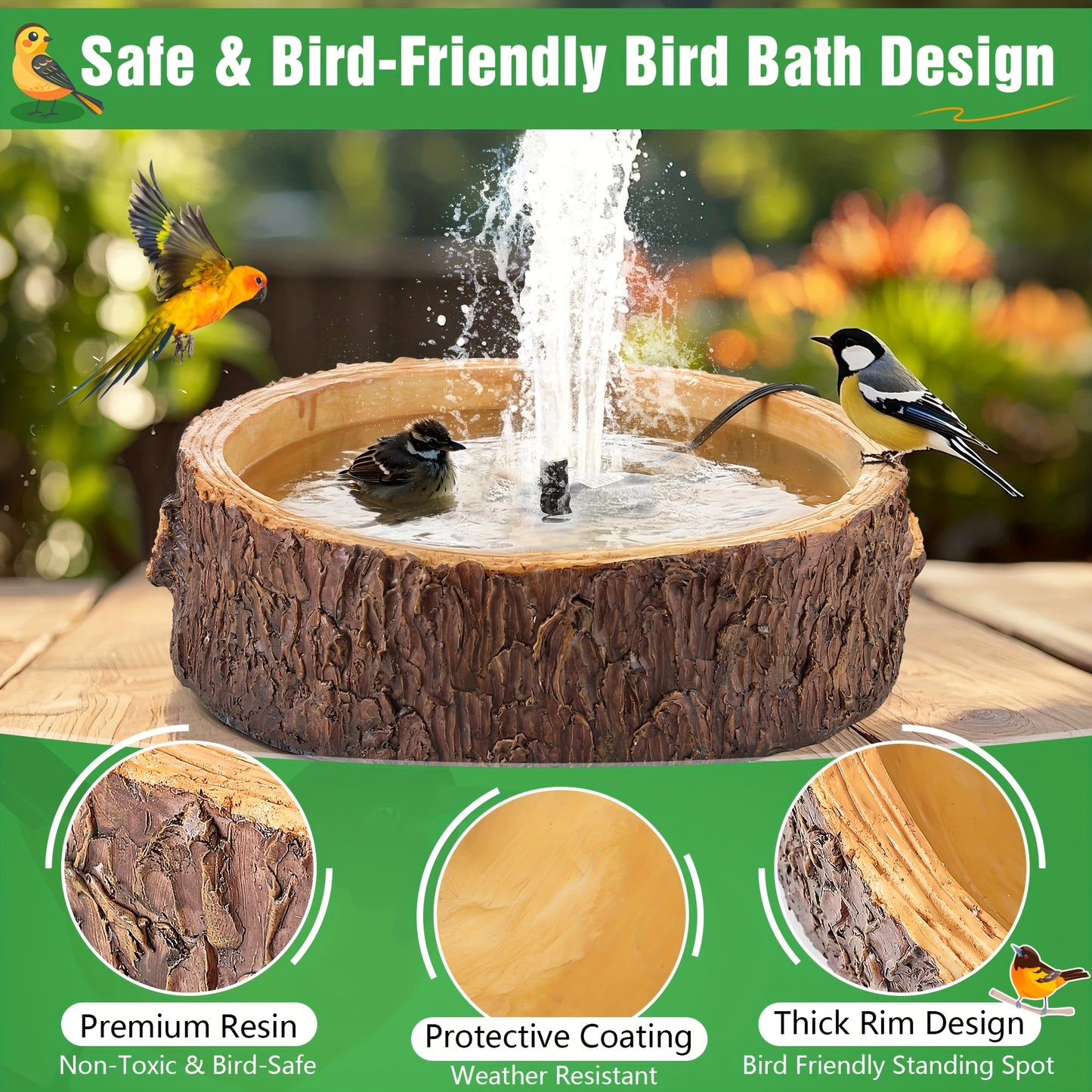 1 Outdoor Bird Bath Fountain with Adjustable 2 Nozzles, Easy Assembly Durable Garden Decor - Attracts Birds to Yard, Patio, Balcony, Lawn, Bird Baths for Outdoors, Patio Decoration, Trunklike Design, Natural Appearance, Reali