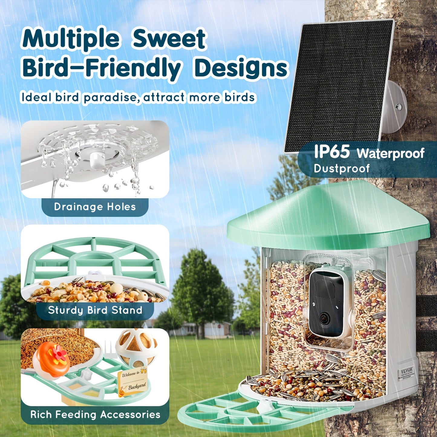 Happybuy Smart Bird Feeder with HD Camera - 10, 000+ Bird IDs, Solar-Powered, Auto Capture & Notify, Includes Fruit & Seed Feeders, Green/Blue Roof, Ideal for Outdoor Birding & Gifts for Bird Lovers, Happybuy