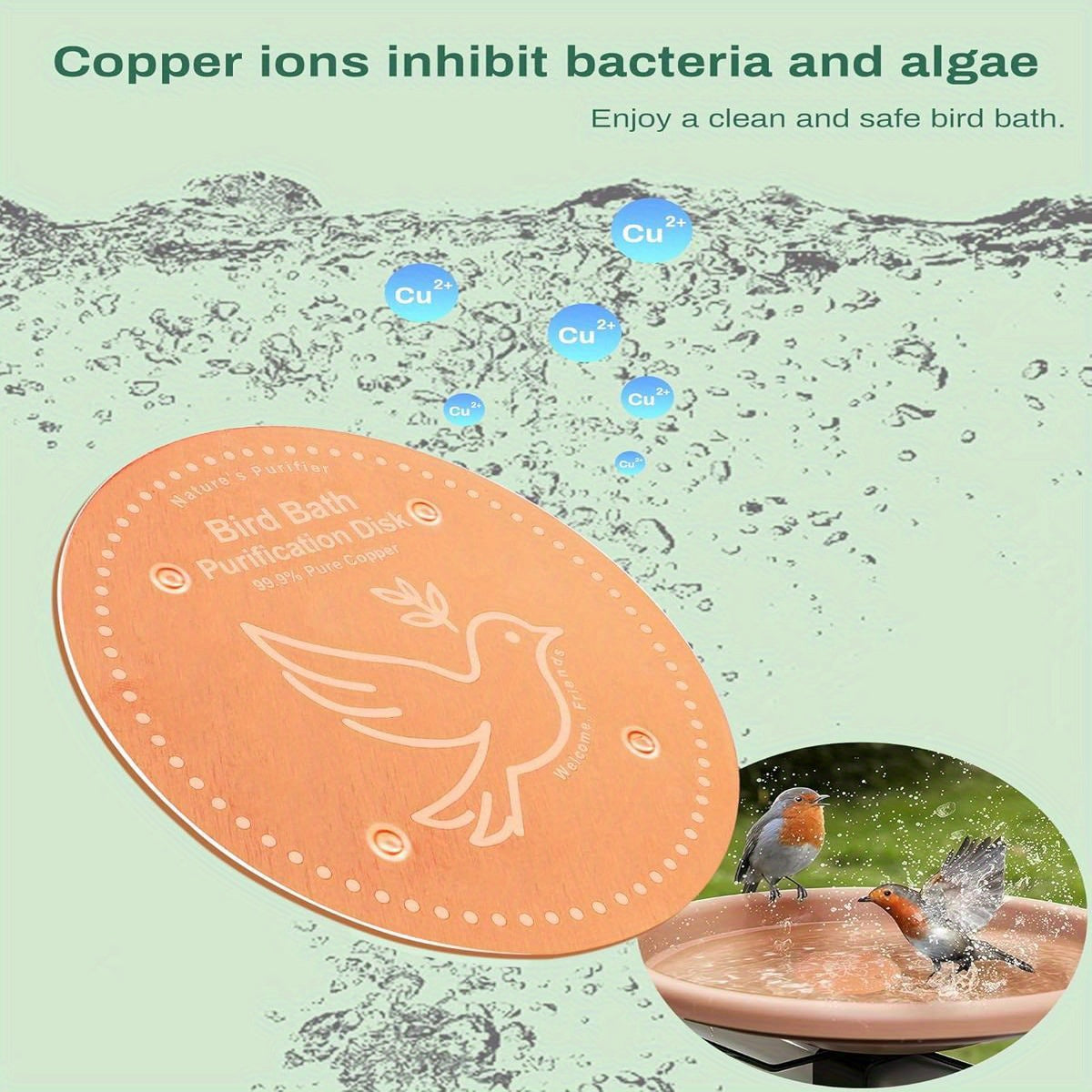 Solar-Powered Bird Bath Purification Disk & Heater Deicer - Pure Copper Outdoor Winter Warmer with Hanging Bowl, Cage & Stand for Deck/Railing - -Freeze Birdbath for Birds, Durable Metal Design, Safe for Aquatic Life, Easy In