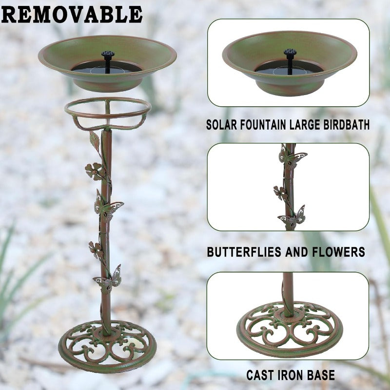 28.5" Tall Solar-Powered Outdoor Bird Bath Fountain with Cast Iron Construction - Large Capacity Birdbath with Bubbler Feature, Sturdy Base & Ornate Legs, Durable Metal Garden Decoration for Attracting Birds, Easy Assembly