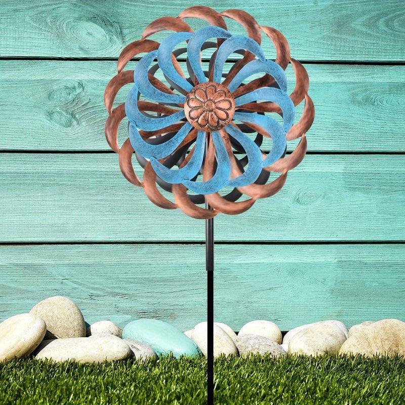 Extra Large 63.4" Metal Wind Spinner with Turquoise & Copper Blades - Elegant Outdoor Yard Decoration, Wind-Powered Motion, Sturdy Garden Stake Base, Durable Metal Construction for Patio, Lawn, Farmhouse, or Modern Home - Lar