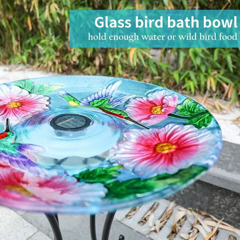 VCUTEKA Solar Birdbath Glass Bird Bath Outdoor with Metal Stand for Lawn Yard Garden Decor Hummingbird
