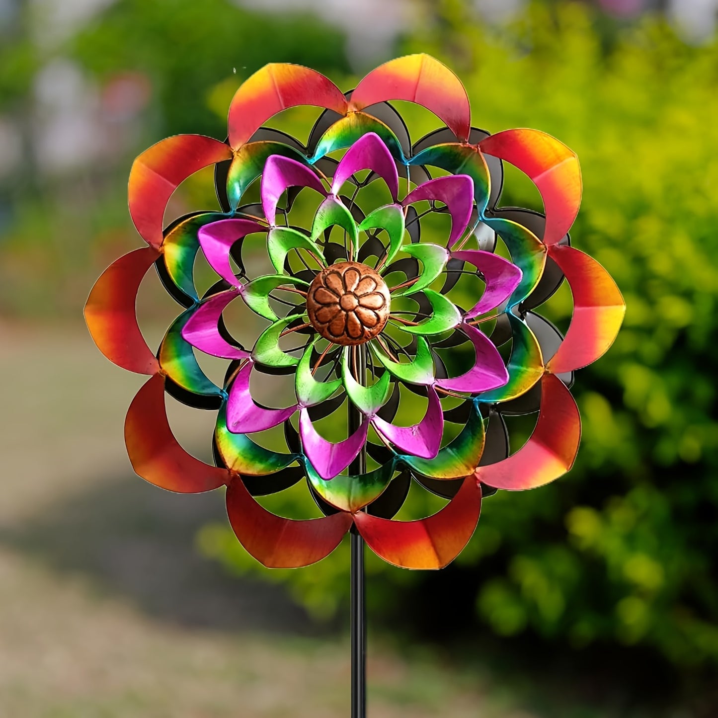 1pc Large Metal Wind Spinner - Floral Garden Decor with Vibrant Pink, Orange, Yellow, Green, Purple, Brown - Wind-Powered Spinner for Outdoor, Patio, Wedding, Party - No Electricity/Battery Needed - Durable Metal Construction