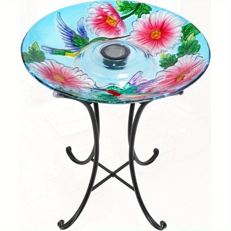 VCUTEKA Solar Birdbath Glass Bird Bath Outdoor with Metal Stand for Lawn Yard Garden Decor Hummingbird