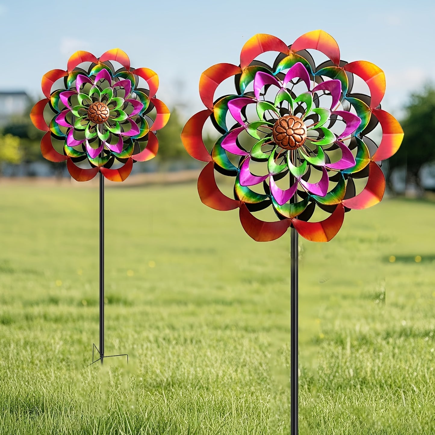 1pc Large Metal Wind Spinner - Floral Garden Decor with Vibrant Pink, Orange, Yellow, Green, Purple, Brown - Wind-Powered Spinner for Outdoor, Patio, Wedding, Party - No Electricity/Battery Needed - Durable Metal Construction