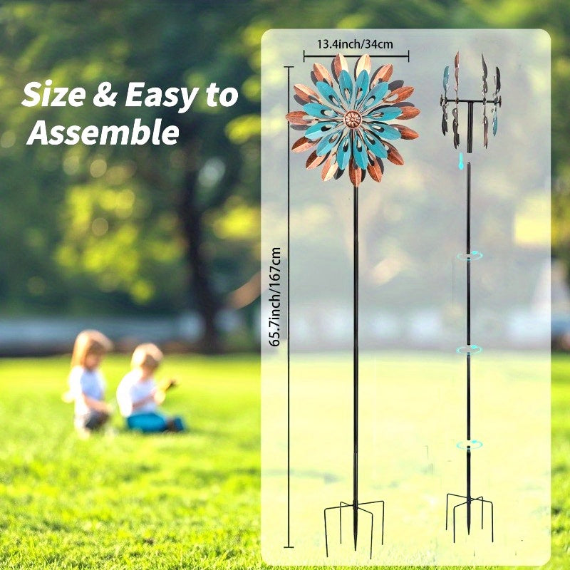 360° Rotating Outdoor Metal Wind Spinner - Kinetic Wind Sculpture with Blue & Bronze Floral Design, Durable Iron Garden Decor for Yard, Patio, Lawn - No Electricity Needed, Wind-Powered Motion, Weather-Resistant, Easy Instal