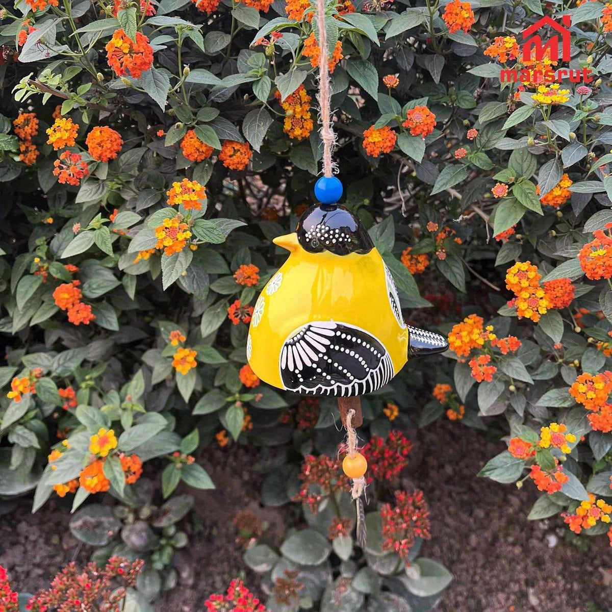 Ceramic Cardinal Bird Wind Chime with Soothing Melodies - Handmade Outdoor/Indoor Hanging Garden Decor, Rustic Yellow & Black Bird with Blue Beads & Leaf, Durable Ceramic, Musical Notes - Perfect for Porch, Backyard, Christma