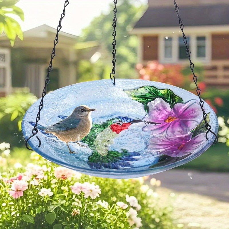 MUMTOP 11 Inch Outdoor Glass Hanging Bird Bath & Feeder Bowl - All-Weather Durable Hummingbird & Floral Design with Rust-Proof Chains, Non-Toxic Easy-Clean Glass, Spherical Shape for Stability - Attracts Hummingbirds & Garden