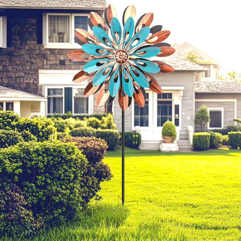 360° Rotating Outdoor Metal Wind Spinner - Kinetic Wind Sculpture with Blue & Bronze Floral Design, Durable Iron Garden Decor for Yard, Patio, Lawn - No Electricity Needed, Wind-Powered Motion, Weather-Resistant, Easy Instal