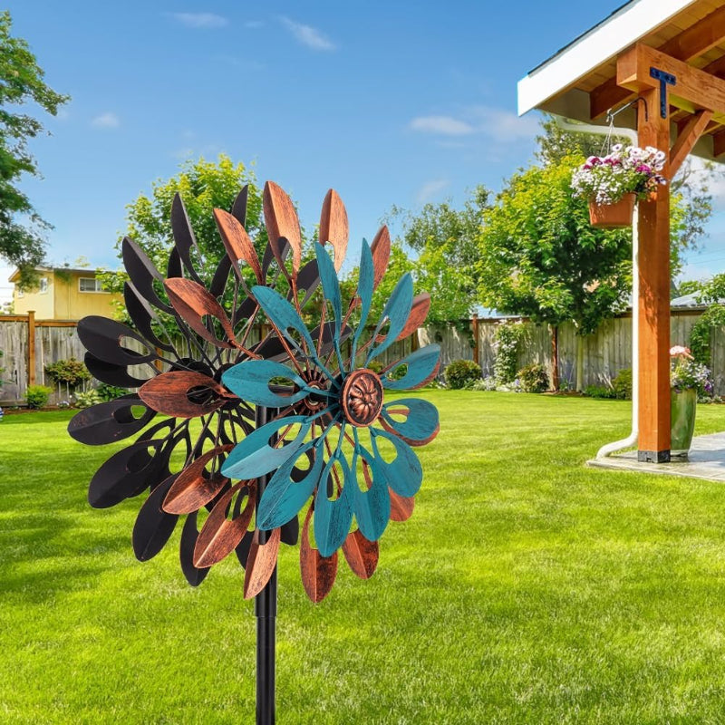 360° Rotating Outdoor Metal Wind Spinner - Kinetic Wind Sculpture with Blue & Bronze Floral Design, Durable Iron Garden Decor for Yard, Patio, Lawn - No Electricity Needed, Wind-Powered Motion, Weather-Resistant, Easy Instal