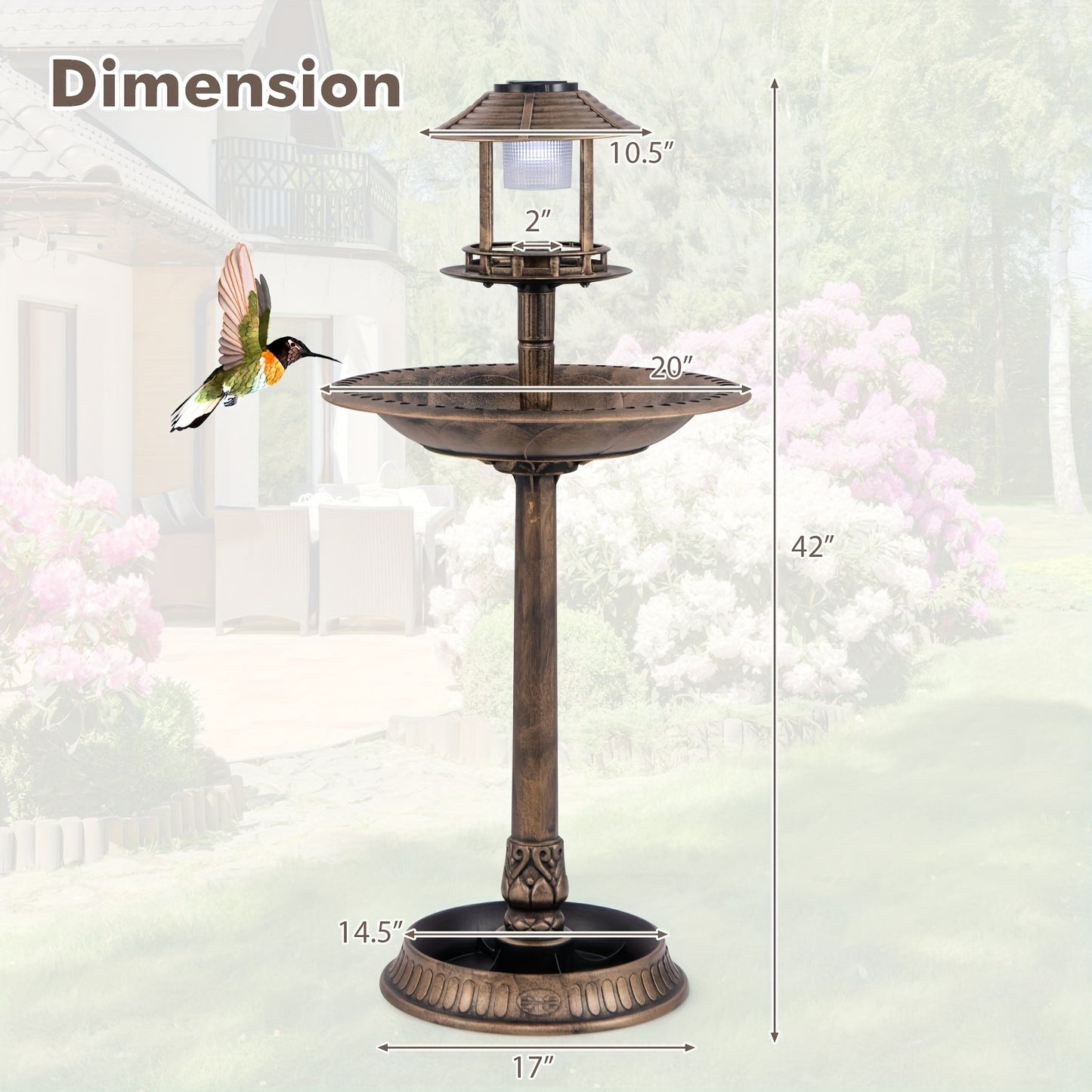 Costway Antique Bronze 3-in-1 Pedestal Bird Bath with Solar Light, Integrated Bird Feeder & Flower Planter, Sturdy PP Material, 20" W x 42" H, Includes Ground Stakes and Solar Panel