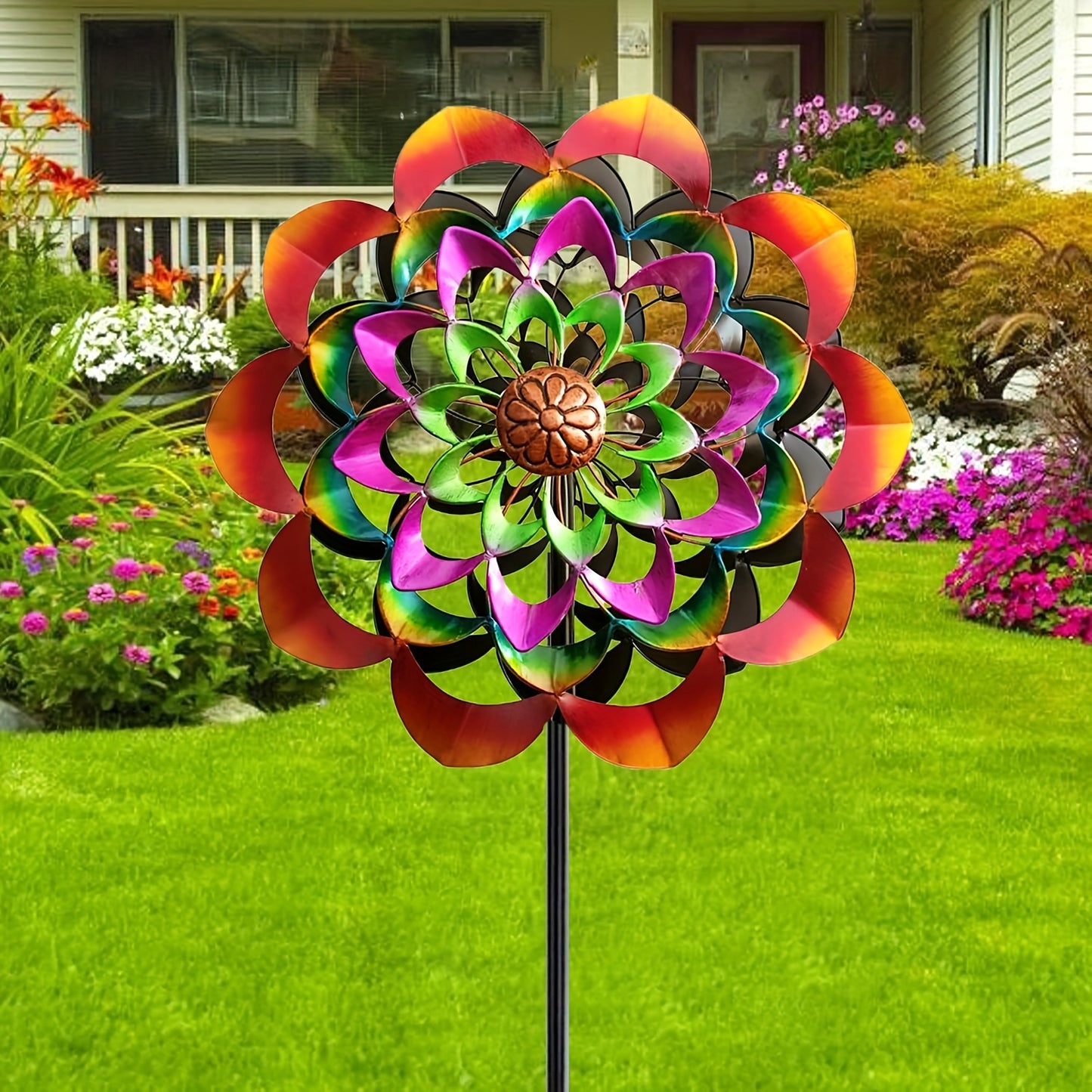 1pc Large Metal Wind Spinner - Floral Garden Decor with Vibrant Pink, Orange, Yellow, Green, Purple, Brown - Wind-Powered Spinner for Outdoor, Patio, Wedding, Party - No Electricity/Battery Needed - Durable Metal Construction