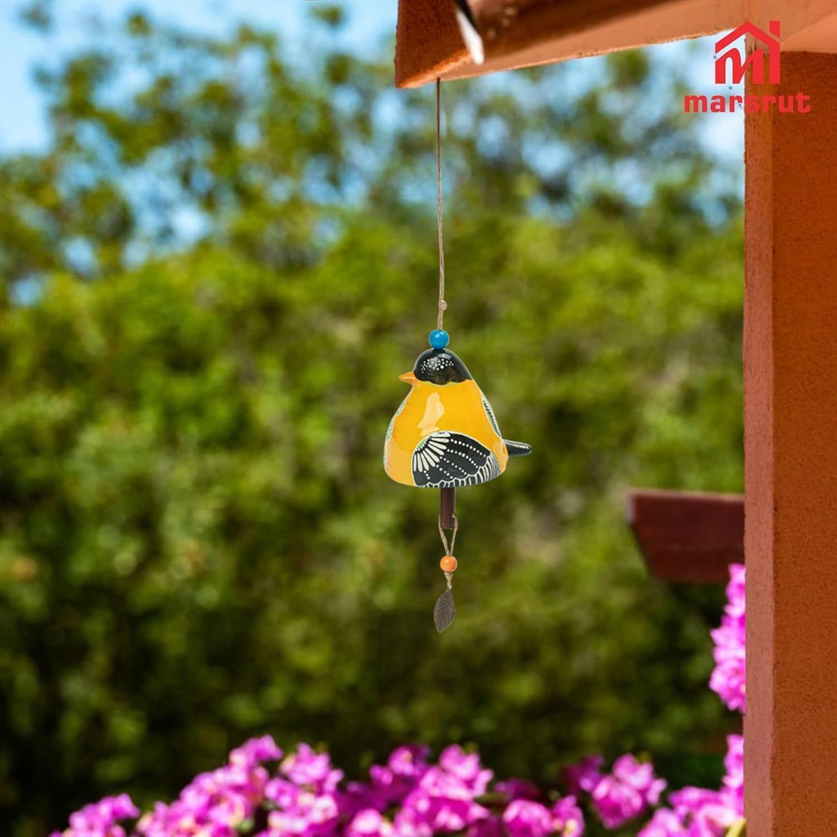 Ceramic Cardinal Bird Wind Chime with Soothing Melodies - Handmade Outdoor/Indoor Hanging Garden Decor, Rustic Yellow & Black Bird with Blue Beads & Leaf, Durable Ceramic, Musical Notes - Perfect for Porch, Backyard, Christma