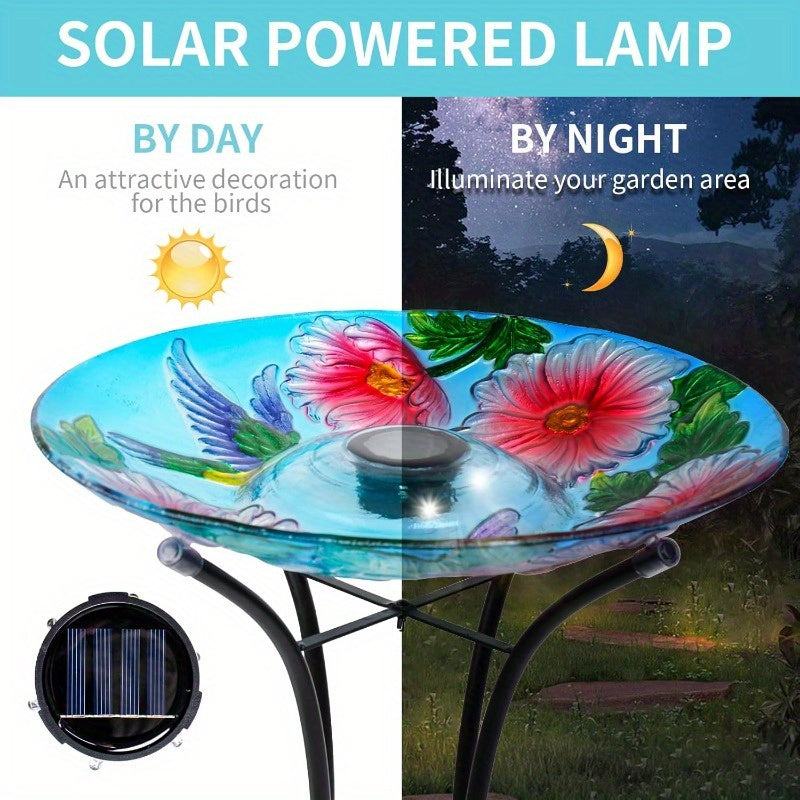 VCUTEKA Solar Birdbath Glass Bird Bath Outdoor with Metal Stand for Lawn Yard Garden Decor Hummingbird