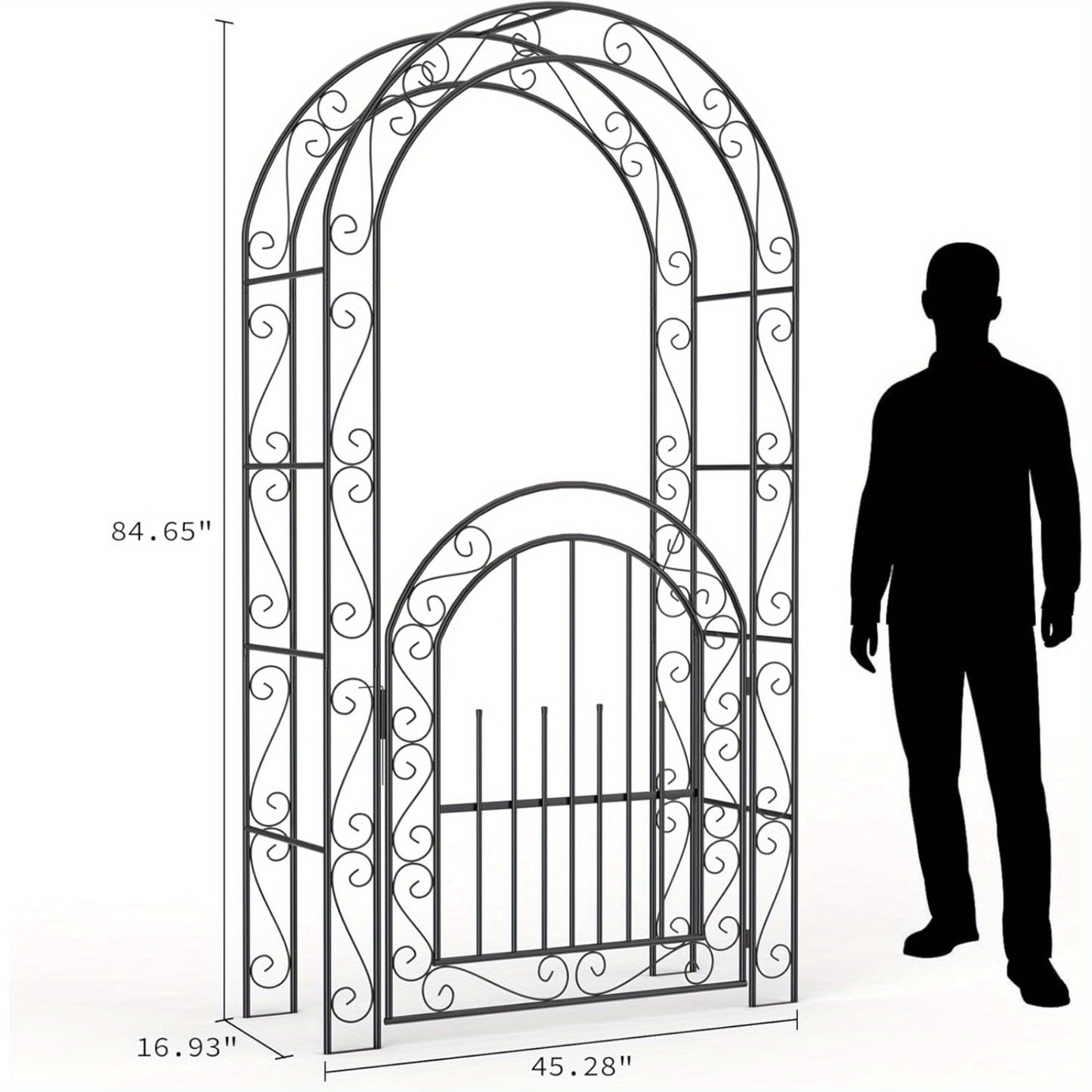 7ft Elegant Garden Arch Trellis with Gate - Romantic Irons Wedding Arbor for Climbing Roses & Flowers, Decorative Metal Archway for Backyard, Patio or Lawn, Classic Black, Durable Metal Construction, Easy Assembly, No Tools N