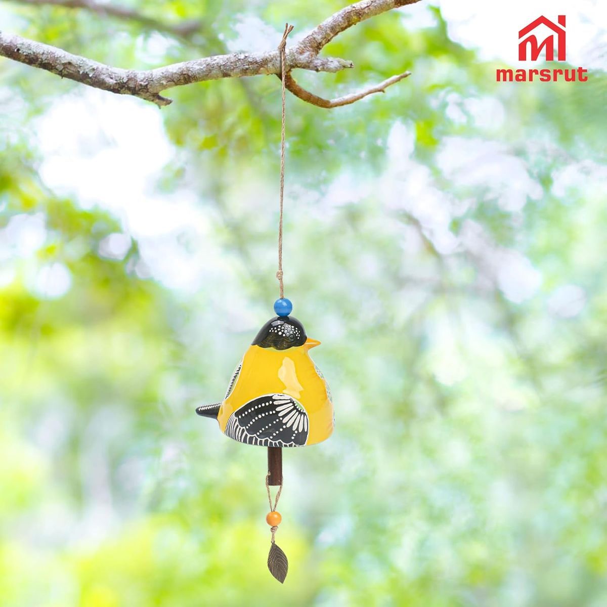 Ceramic Cardinal Bird Wind Chime with Soothing Melodies - Handmade Outdoor/Indoor Hanging Garden Decor, Rustic Yellow & Black Bird with Blue Beads & Leaf, Durable Ceramic, Musical Notes - Perfect for Porch, Backyard, Christma