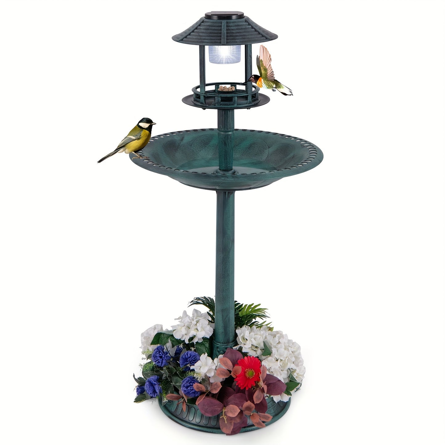 Costway Antique Bronze 3-in-1 Pedestal Bird Bath with Solar Light, Integrated Bird Feeder & Flower Planter, Sturdy PP Material, 20" W x 42" H, Includes Ground Stakes and Solar Panel