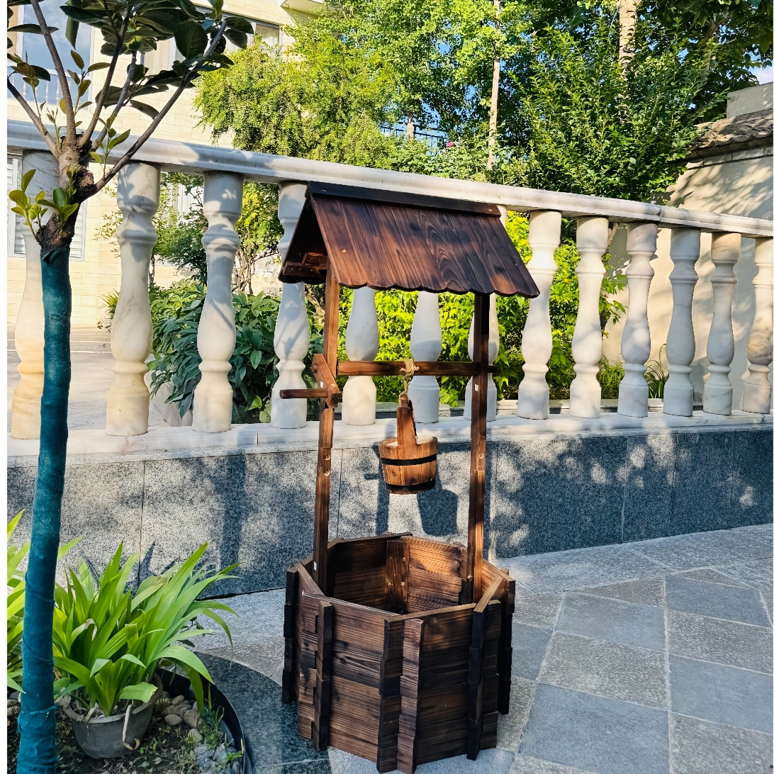 Rustic Wooden Wishing Well Planter - Outdoor Garden Decor with Hanging Bucket, Weather-Resistant Wooden Planter for Patio, Yard, Backyard - Geometric Design, Rectangular Shape, Perfect for Flowers, Herbs, and Succulents, Gard
