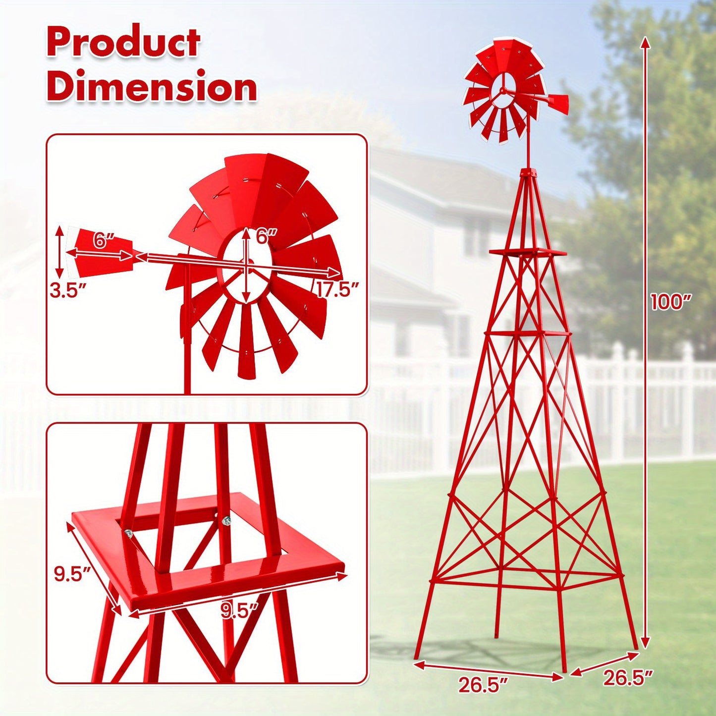 MAXMASS 8 ft Ornamental Windmill, All-Weather Metal Wind Mill w/ 4 Support Legs, Decorative Weathervane for Backyard, Garden, Farm, 4 Ground Stakes Included