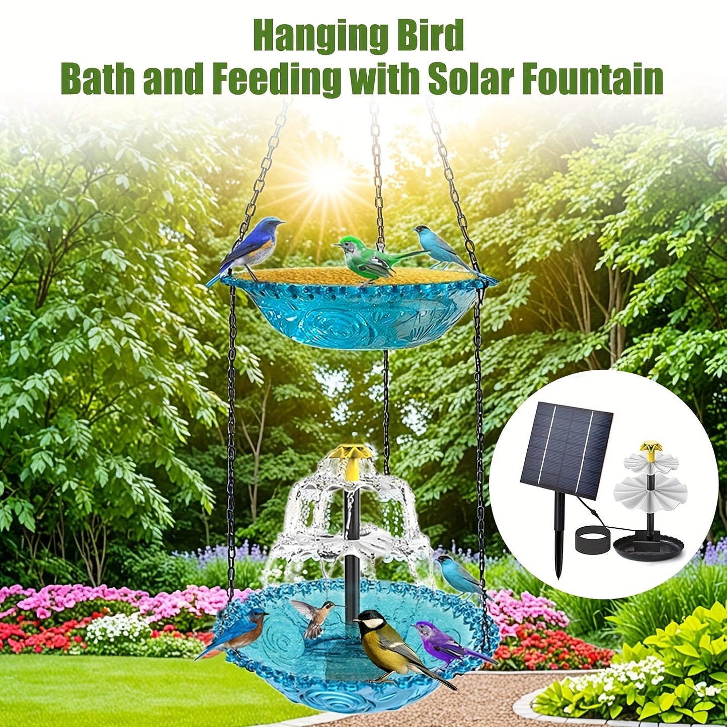 Solar Fountain Bird Bathing Fountain Outdoor Bird Feeder, Three Story Flowing Water Decorative Fountain Bird Feeding & Bathing Equipment, Detachable DIY, Bird Feeding Station, Garden Decoration, Hummingbird Attractor, Bird Lo