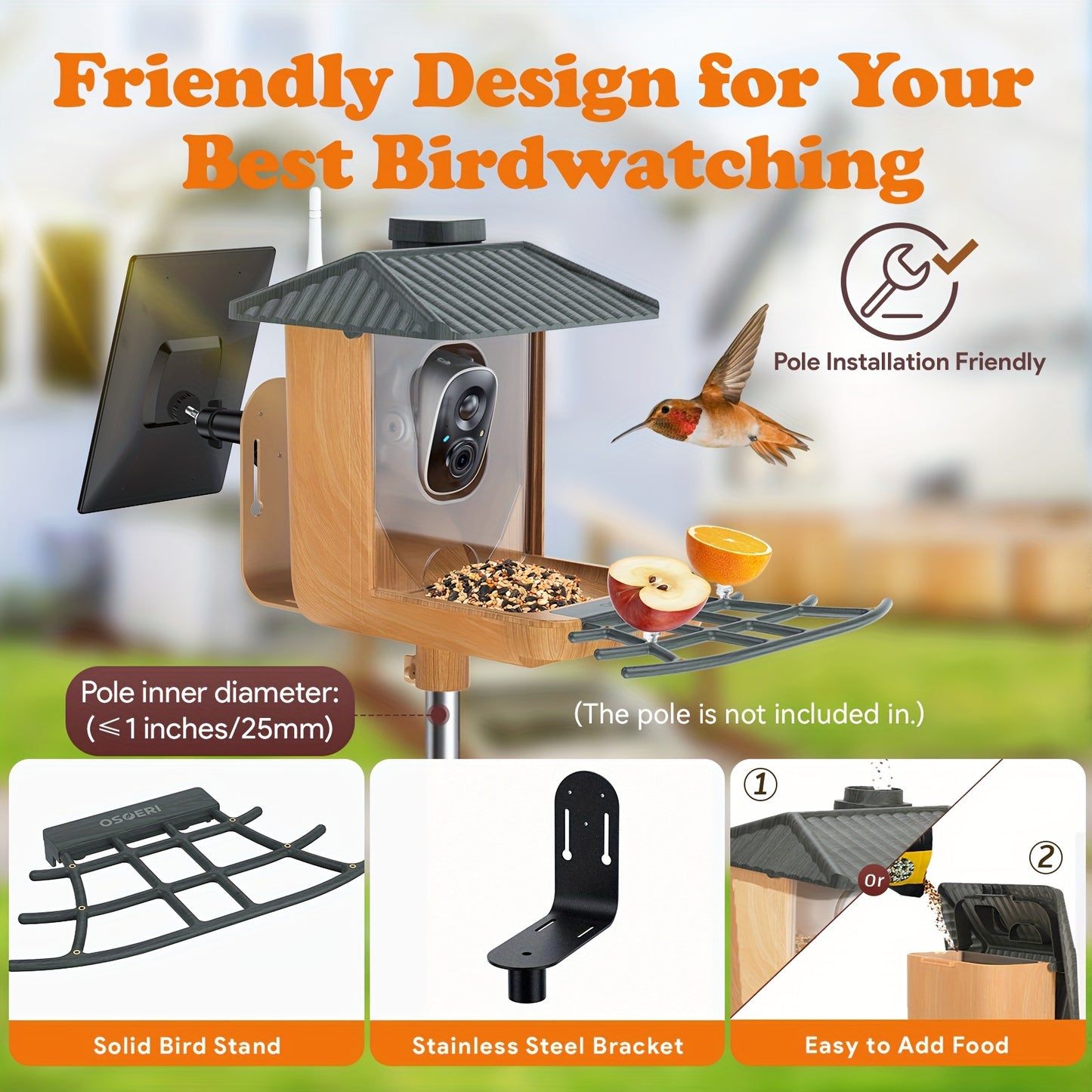 Bird Feeder With Camera, Smart AI Identify Wild Bird Feeder Camera Solar Powered, Auto Capture Bird Videos & Motion Detection, DIY Add-ons & Hummingbird Feeder, Bird Camera Gift For Bird Lover-Wood