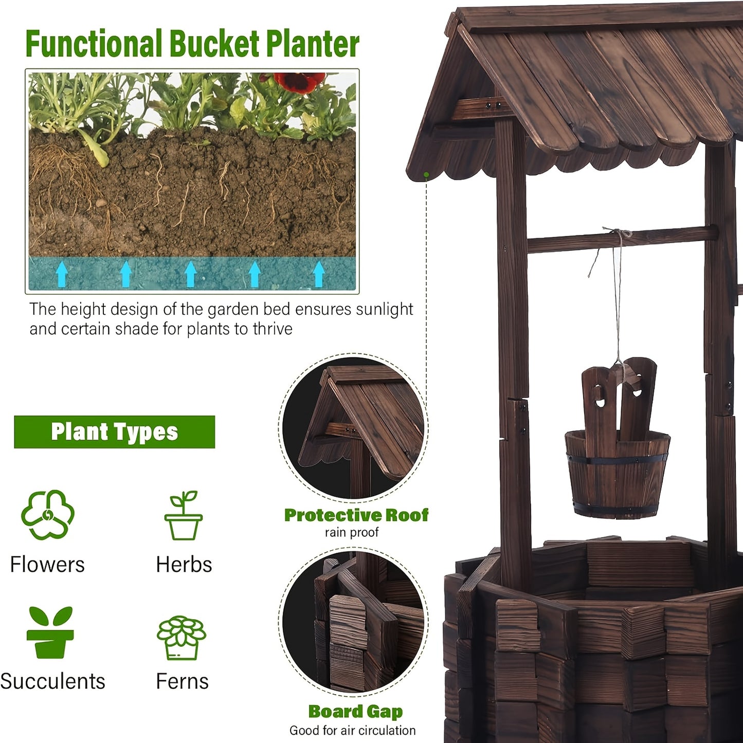 Rustic Wooden Wishing Well Planter - Outdoor Garden Decor with Hanging Bucket, Weather-Resistant Wooden Planter for Patio, Yard, Backyard - Geometric Design, Rectangular Shape, Perfect for Flowers, Herbs, and Succulents, Gard