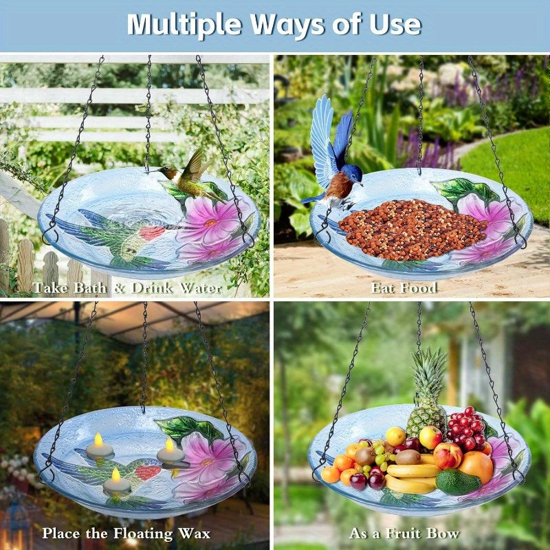 MUMTOP 11 Inch Outdoor Glass Hanging Bird Bath & Feeder Bowl - All-Weather Durable Hummingbird & Floral Design with Rust-Proof Chains, Non-Toxic Easy-Clean Glass, Spherical Shape for Stability - Attracts Hummingbirds & Garden